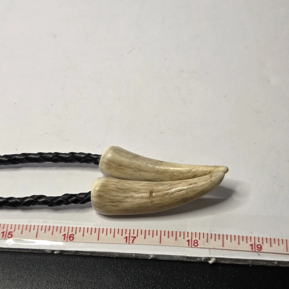 vtg antler bolo tie with buffalo head nickle tourqoise and coral leather cord